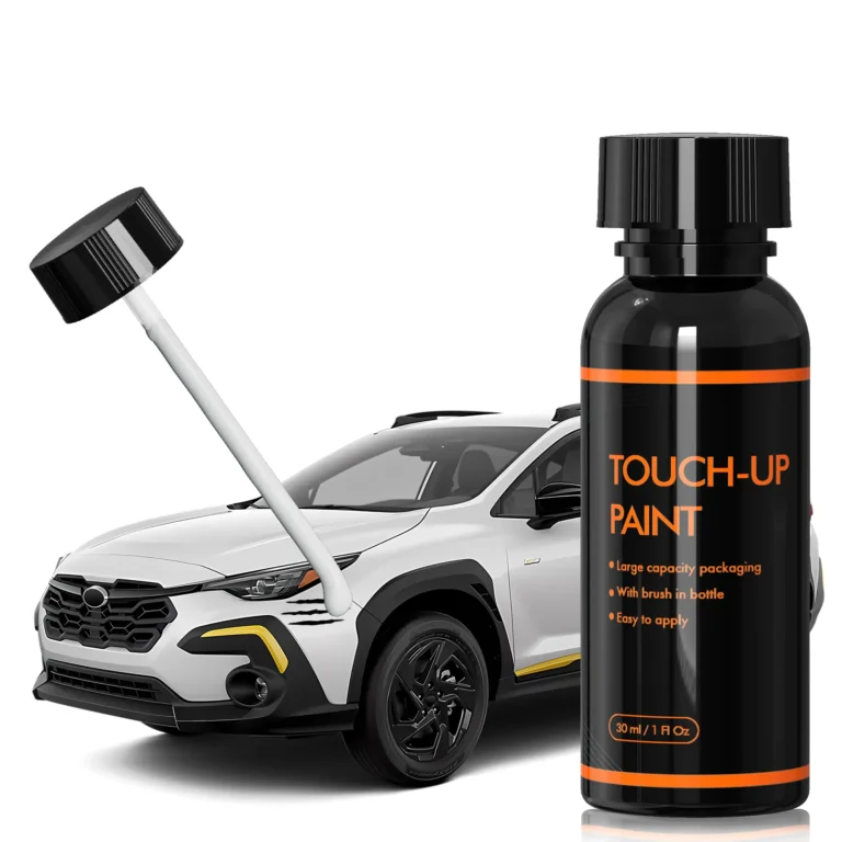 Car scratch repair kit applied on Subaru with Crysta White touch-up paint, showing smooth glossy finish and precise color match.