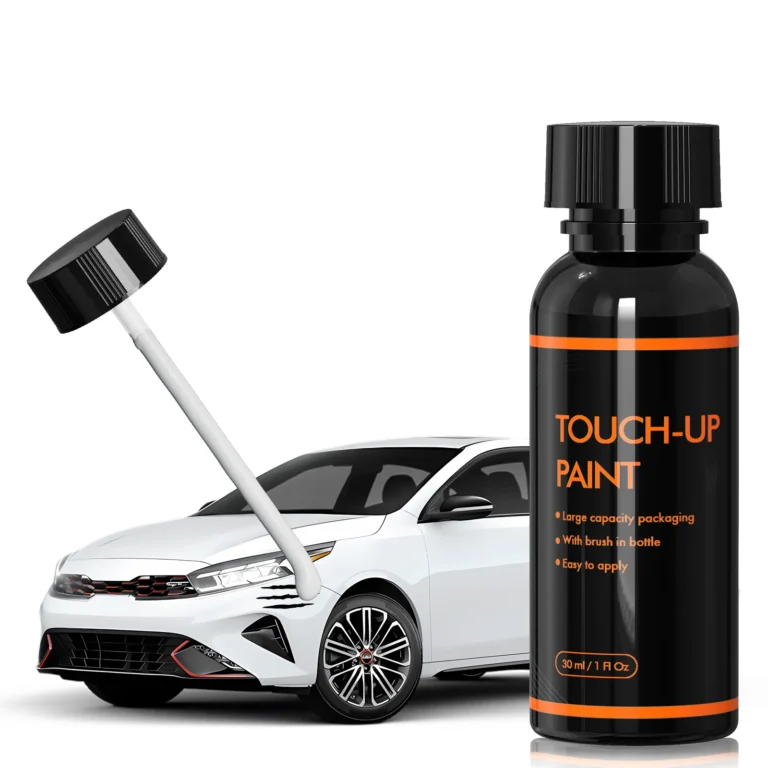 How to touch up uneven paint? 7 Close-up of Kia car showing Snow White touch-up paint applied to fix uneven car paint, providing a smooth glossy finish and precise color match.