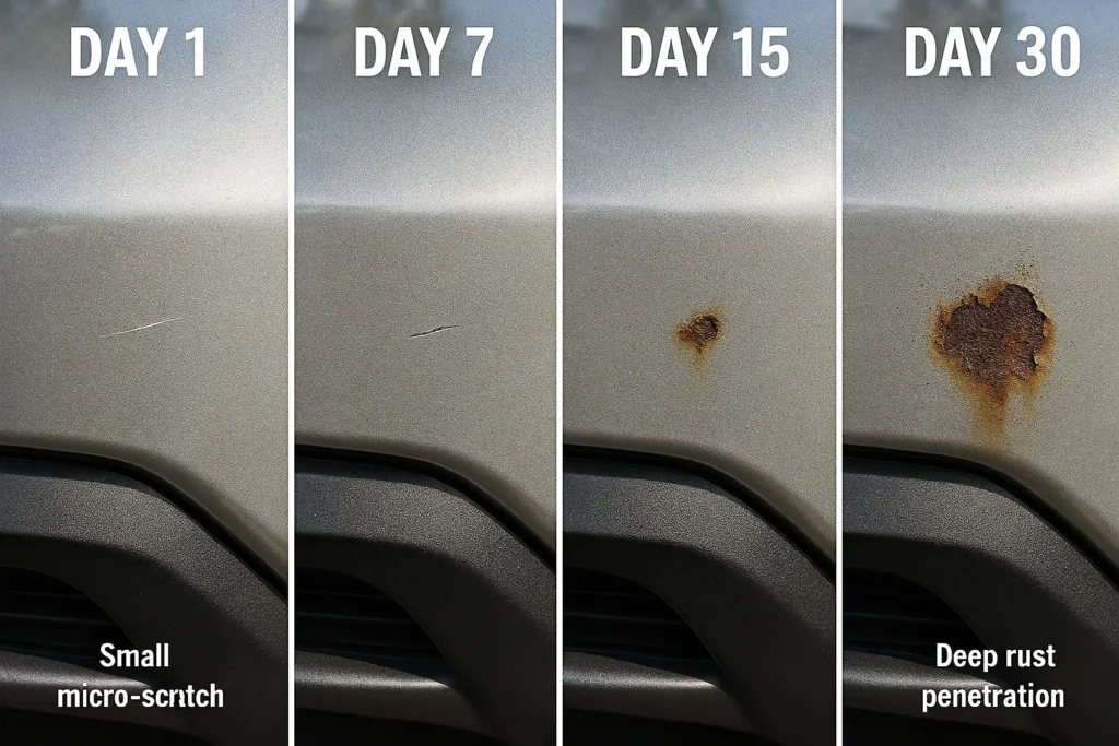 How to Fix Car Bumper Scratches Like a Pro: Your 2025 Guide to Touch-Up Paint Kits That Actually Work 1 Time-lapse infographic showing car bumper scratch progression from day 1 micro-scratch to day 30 rust penetration