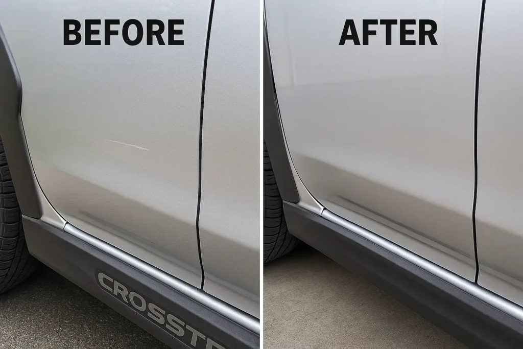 How Long Does Touch Up Paint Take to Dry? (Complete XtryFun Guide) 4 Before and after comparison of Subaru touch up paint kit repair on a Crosstrek