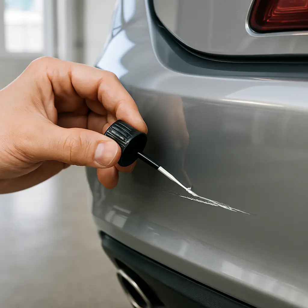 How to Fix Car Bumper Scratches Like a Pro: Your 2025 Guide to Touch-Up Paint Kits That Actually Work 3 Thin coat touch up paint application technique using a black cap brush on a car bumper