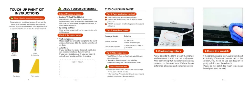 30ml Touch Up Paint Manual showing instructions for scratch repair and touch-up
