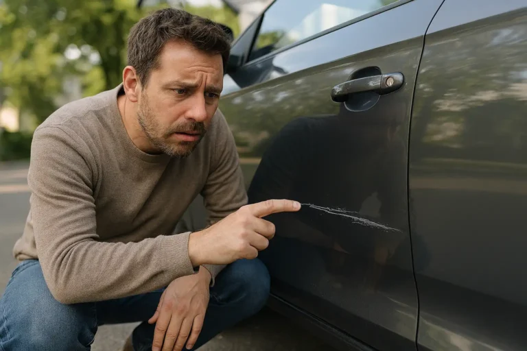 Why does my touch up paint look patchy? Easy DIY Fix Tips for a Smooth Finish 5 Car owner inspecting a scratch on his vehicle
