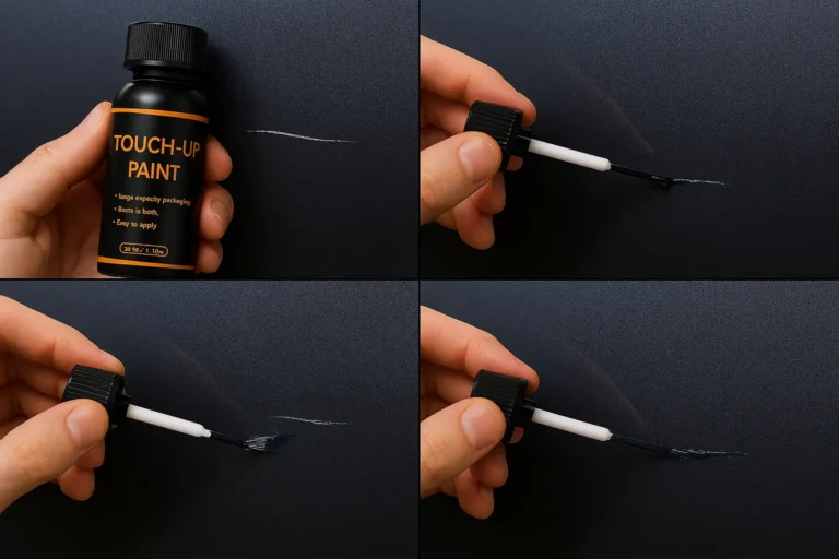 Can You Make Touch Up Paint Noticeable? Easy DIY Fixes 9 DIY touch up paint fixes being applied to a small car scratch, step-by-step close-up, DIY repair process