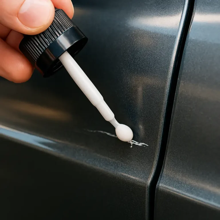 How to Touch Up Paint if You Don’t Know the Color? Easy DIY Tips for Home Repairs 3 Honda touch-up paint pen applying paint to a small car scratch on a door, close-up, DIY repair kit in use